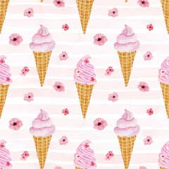 Seamless pattern with watercolor ice cream on striped background.