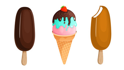 Ice cream set with chocolate, caramel icing and strawberries. Vector illustration of summer sweets. - obrazy, fototapety, plakaty