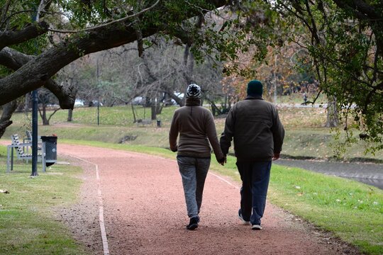 couple doing exercises, walking in line with beautiful tall trees, june 10 2022