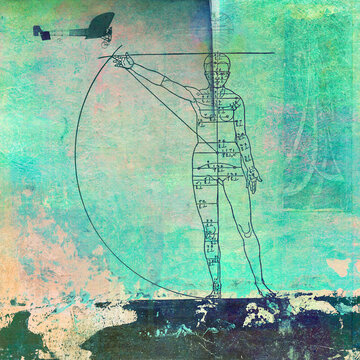 Reach Your Potential. Mixed media collage of public domain images including an Albrecht Dürer drawing of a nude female and old airplane photo.  Human Potential.  
