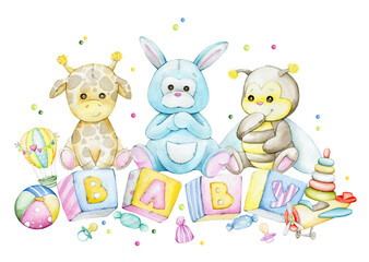 Obraz na płótnie Canvas Kangaroo, bee, giraffe, cubes with letters, baby. children's toys. Watercolor clipart, in cartoon style, on an isolated background.