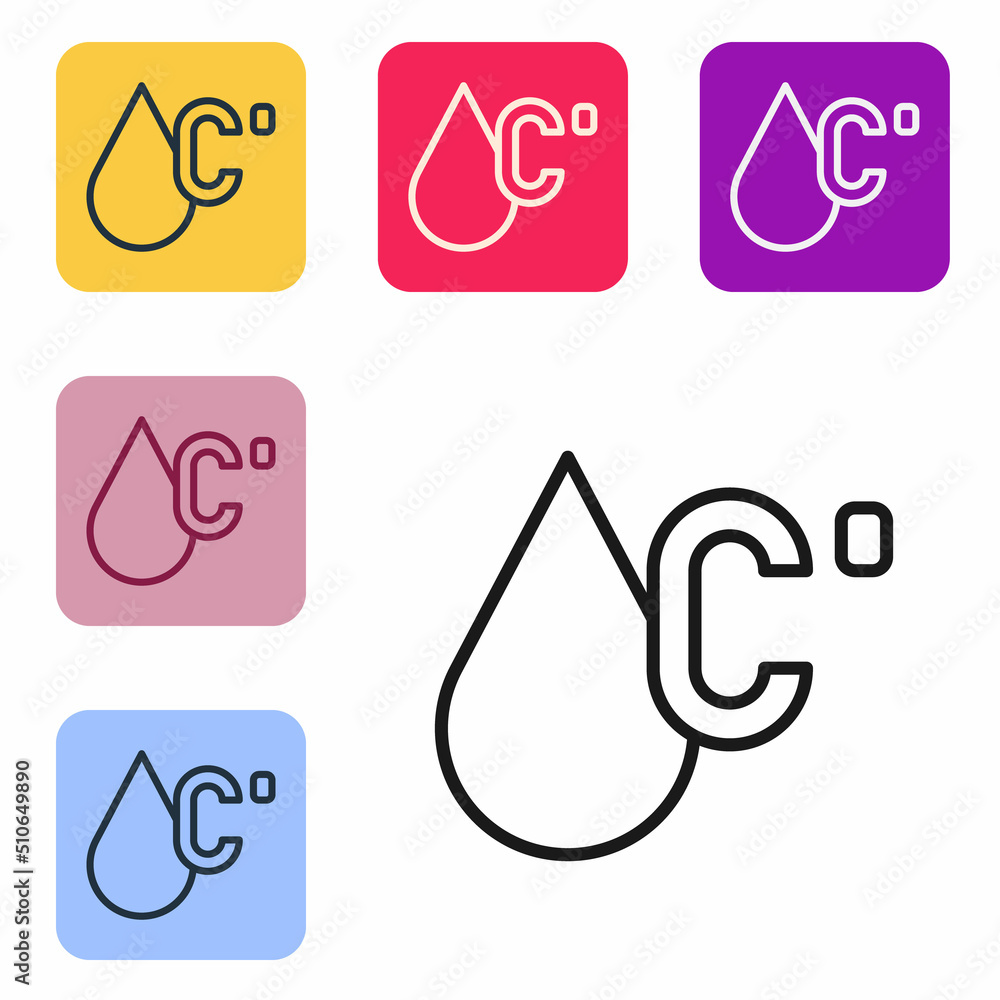 Poster black line water temperature icon isolated on white background. set icons in color square buttons. v