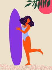 Beautiful athletic girl with purple hair and a surfboard on the beach under the sun. Modern poster in flat design style on the theme of Summer and Vacation. Vector.