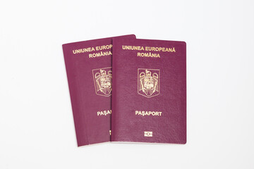 Romanian EU passport on a white background