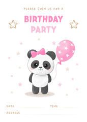 Birthday party invitation template with gap for filling, cute little panda girl, pink balloon and bow. Vector illustration © Ekaterina Konyakhina