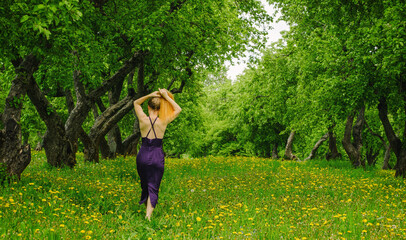 a woman walks in an apple orchard among blooming dandelions