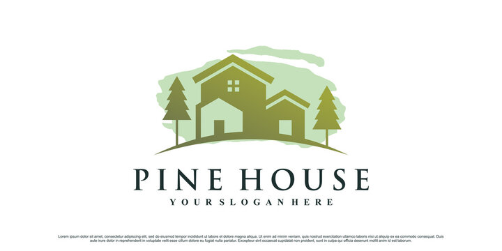 Pine tree and house logo design illustration with creative concept Premium Vector