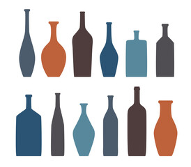 Vase and bottle silhouettes set. Different jugs and vessels silhouette collection. Various forms and shapes of vases. Clay ceramic or grass bottles set. Isolated vector