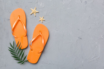 Flat lay composition with flip flops and seashell on colored background. Space for text top view