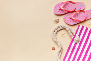 Summer vacation concept flat lay. beach accessories and towel top view. Space for text. travel concept