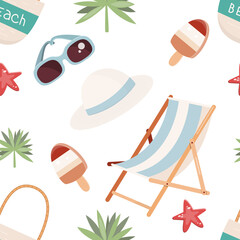 Summer Beach Seamless Pattern with rest elements – sunglasses, summer hat, beach deck chair, starfish. Vector Illustration