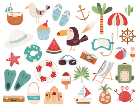 Cute Summer Stickers Set for daily planner. Collection of scrapbooking elements for beach party. Tropical vacation. Vector illustration isolated on white background