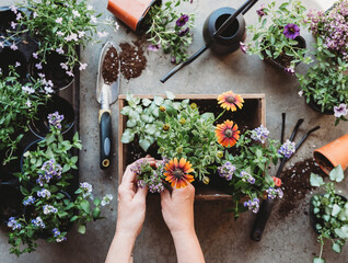 Top view of hands planting flowers in a planter with gardening tools.