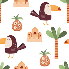 Summer Beach Seamless Pattern with tropical elements – cute toucan, sand castle, palm tree. Vector Illustration.