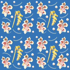 Floral seamless pattern French blue background with handpainted succulent flowers in this pretty repeat pattern.