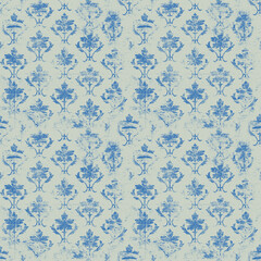 French blue vintage floral on green repeat pattern background.
