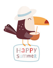 Summer Poster with funny Toucan in summer hat. Vector Illustration. Kids cartoon illustration for baby clothes, greeting card, wrapper, beach party. Text Happy Summer.