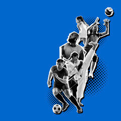 Basketball, volleyball, tennis, soccer and hockey players. Sport collage. Poster graphics. Sportive people isolated on blue background.