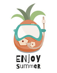 Summer Poster with funny Pineapple in Swimming Mask. Vector Illustration. Kids cartoon illustration for baby clothes, greeting card, wrapper, beach party. Text Enjoy Summer.