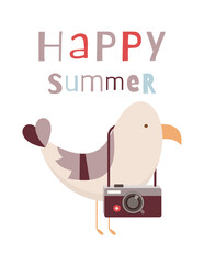 Summer Poster Funny Seagull with Camera. Vector Illustration. Kids cartoon illustration for baby clothes, greeting card, wrapper, beach party. Text Happy Summer
