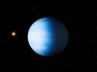 Earth-like exoplanet with a star. Alien blue planet in space. Abstract background image.