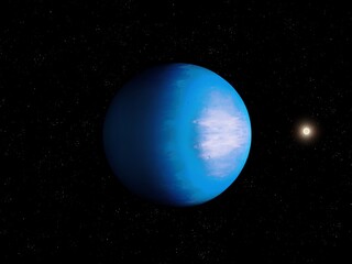 Fototapeta premium Extrasolar planet in space, cosmic landscape, Twin Earth with water ocean. Blue exoplanet with a star.