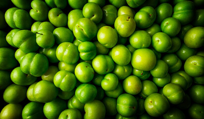 Tkemali, green cherry plum, top view, close-up, food background, no people, selective focus,