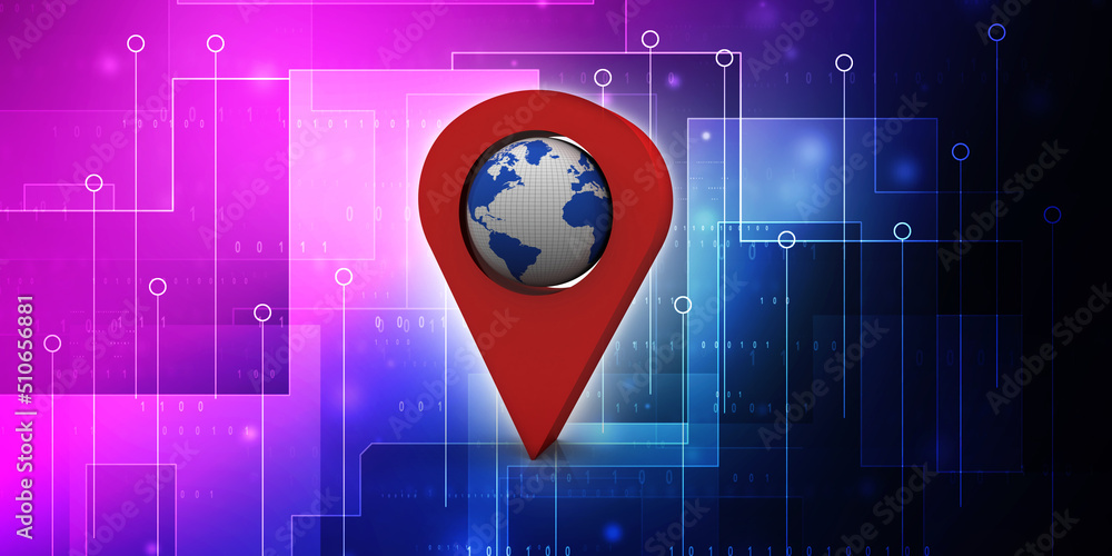 Poster 3d rendering red map pointer with world map