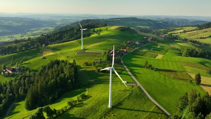 beautiful countryside with modern wind farm, renewable energy and sustainable development concept, wind turbines in green meadows, alternative energy, natural electricity  - Powered by Adobe