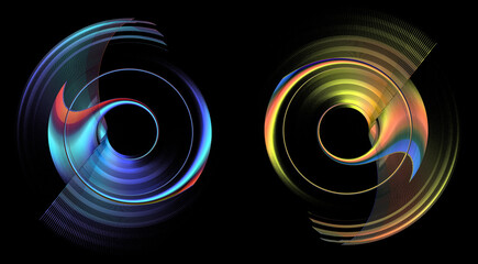 Blue and gold striped rotating blades of abstract propellers on a black background. Set. Icon, logo, sign, symbol. 3d illustration. 3d rendering.