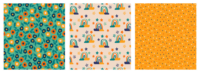 Set of seamless patterns for kids. Cute endless textures with flowers, rainbows, dots. Colorful design for paper, cover, fabric, interior decor and other users