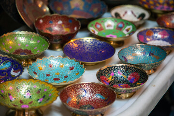 Artistic bowls in an antique shop in Jaisalmer fort, Rajasthan, India.