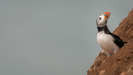 Atlantic puffin (Fratercula arctica) stands on the cliffs.