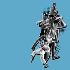 Karate, volleyball, runner and thai boxer. Sport collage. Poster graphics. Sportive men and women isolated on blue background.