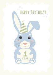 Baby birthday cards with cute bunny.  Sweet rabbit. happy birthday