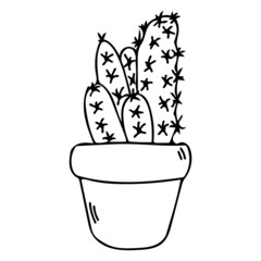 Cactus in pot vector sketch icon. Cute black succulent outline illustration. Mexican house plant in flowerpot line art.