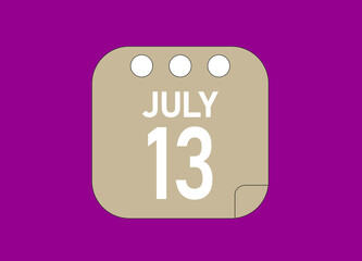 13 July. July day 13 Icon Single Day Calendar Vector Illustration.