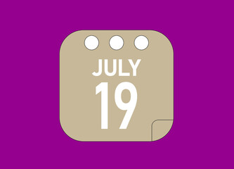 19 July. July day 19 Icon Single Day Calendar Vector Illustration.