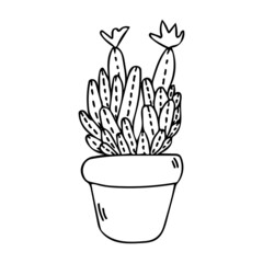 Cactus in pot vector sketch icon. Cute black succulent outline illustration. Mexican house plant in flowerpot line art.