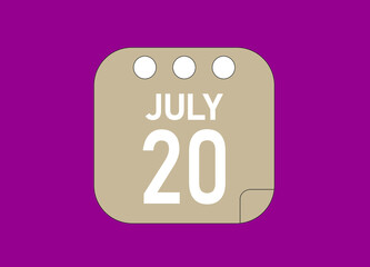20 July. July day 20 Icon Single Day Calendar Vector Illustration.