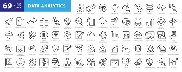 Big data analysis thin line icon set. Data processing outline pictograms for website and mobile app GUI. Digital analytics simple UI, UX vector icons - obrazy, fototapety, plakaty