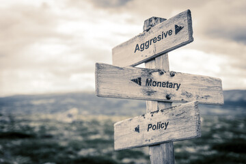 aggresive monetary policy text quote on wooden signpost outdoors in nature. Inflation, economy and finance concept.