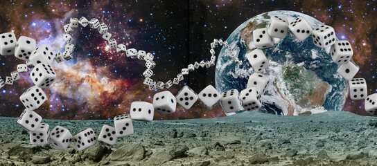 Dice placed in the form of a continuous chain.  Space landscape.