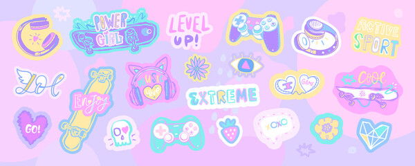 Vector pack of stickers. Bright sports illustrations with a skateboard, headphones, joysticks, lettering. Summer print design for t-shirts. Collection of trendy pins. Set of cool patches. Cool badges.