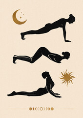 Yoga stretching exercises poster. Black sporty woman silhouette. 