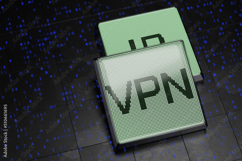 Poster on a monochrome screen, the inscription vpn. the concept of a secure vpn network. lock bypass tool. 