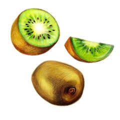 Fototapeta premium Whole and slices of ripe kiwi, drawn with colored pencil on an isolated background. For the design of natural organic elements.