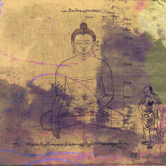 Buddha : Meditation.  Ancient vintage public domain drawing digitally remixed. 