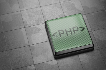 Php inscription on a monochrome screen. Php programming concept. 3d render..