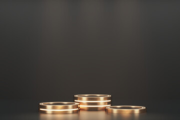 Three cylindrical pillars, museum stage, pedestal or podium for products. 3d render
